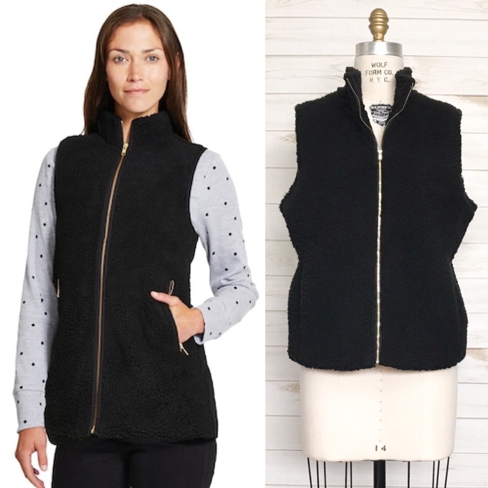 LOFT Sherpa Fall Faux Fur Black Textured Vest Jacket Front Zip Size Large